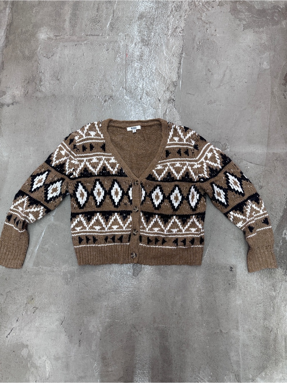 BB Dakota Brown Fair Isle V-Neck Cardigan with White and Black Accents
